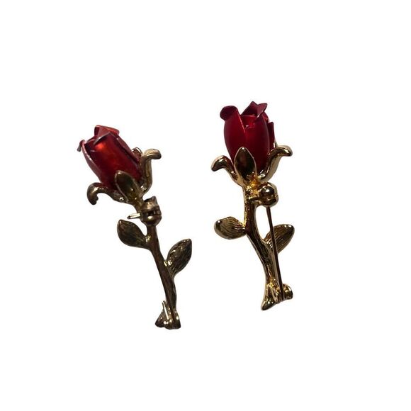 Three (3)Vintage Red Rose Floral Designer Gold Tone Women’s Brooches Pins - Picture 7 of 8